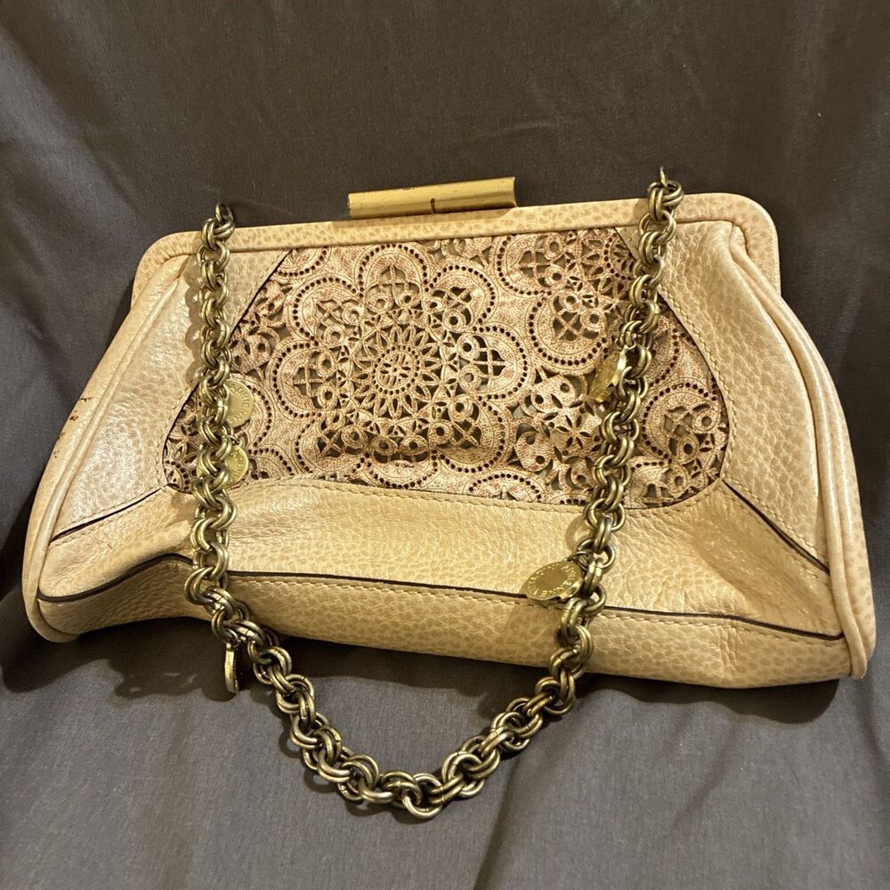 Adrienne Vittadini Ivory Leather Cutout Purse Shoulder Bag Gold Chain Link Strap